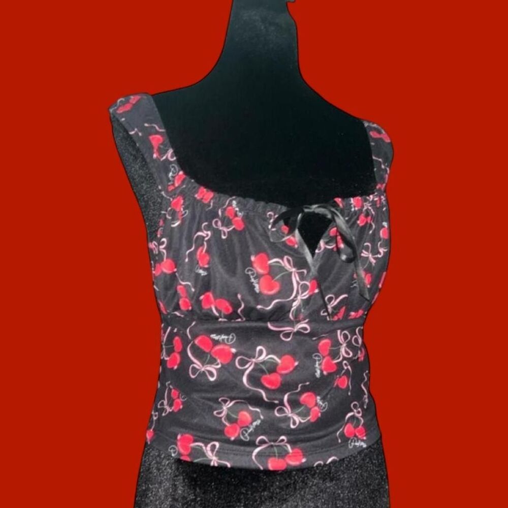 Y2K Black Cherry Print Tie Front Tank Top